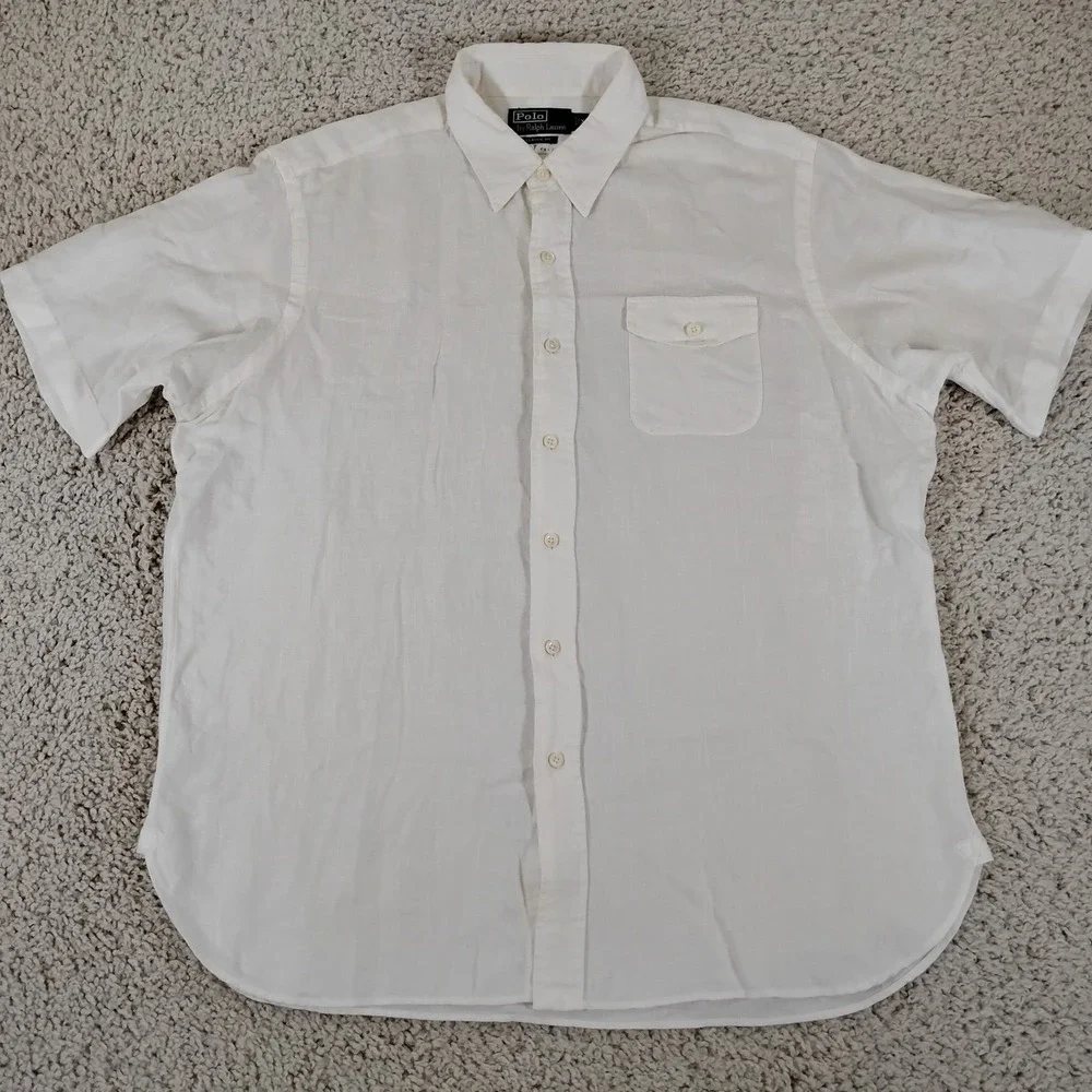 Polo Ralph Lauren Shirt Mens XL White Linen Pocket Short Sleeve Button Beach 90s